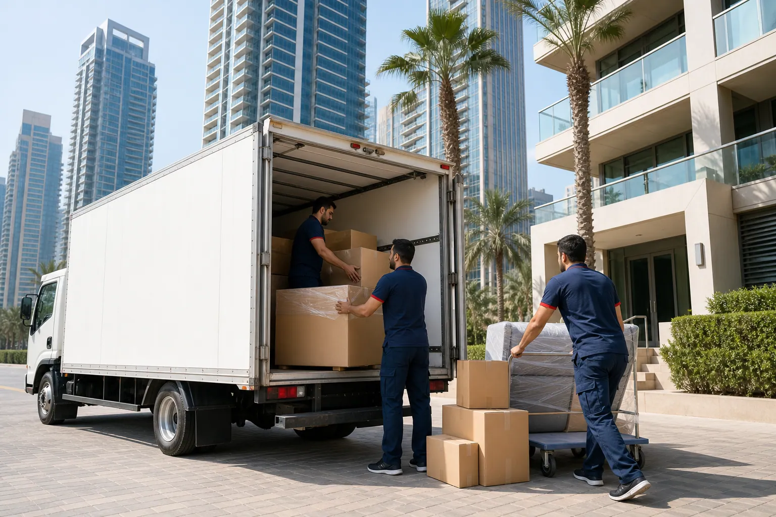 Ezy Movers loading an apartment move truck outside a Dubai residential tower
