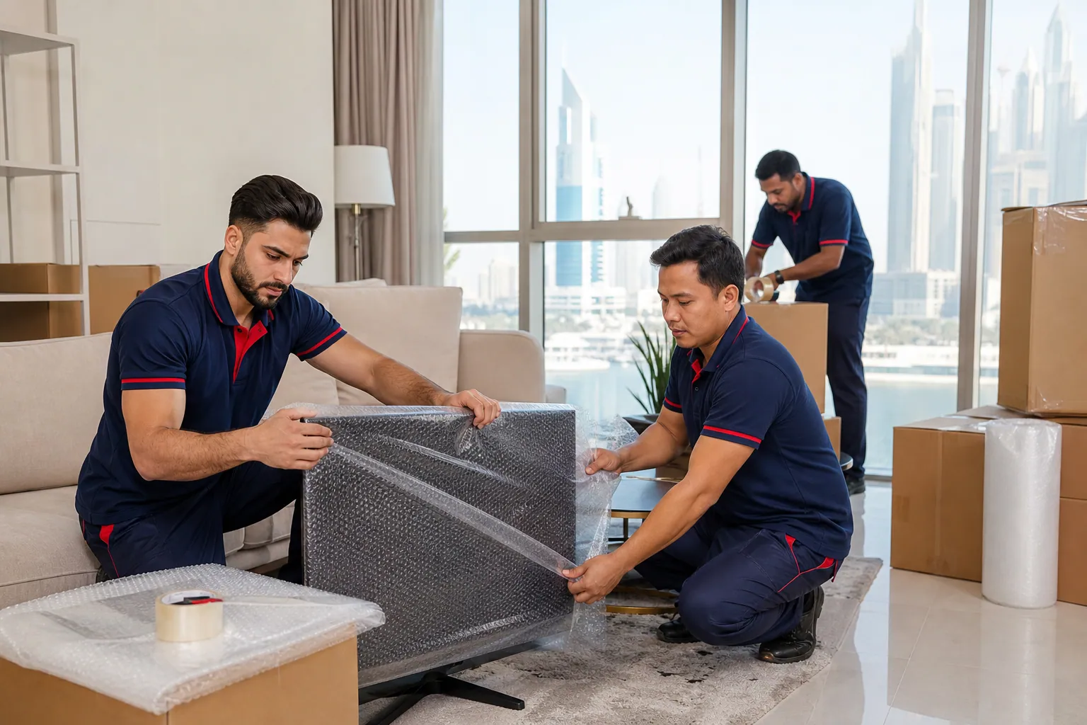 Ezy Movers packing and wrapping items inside a Dubai apartment