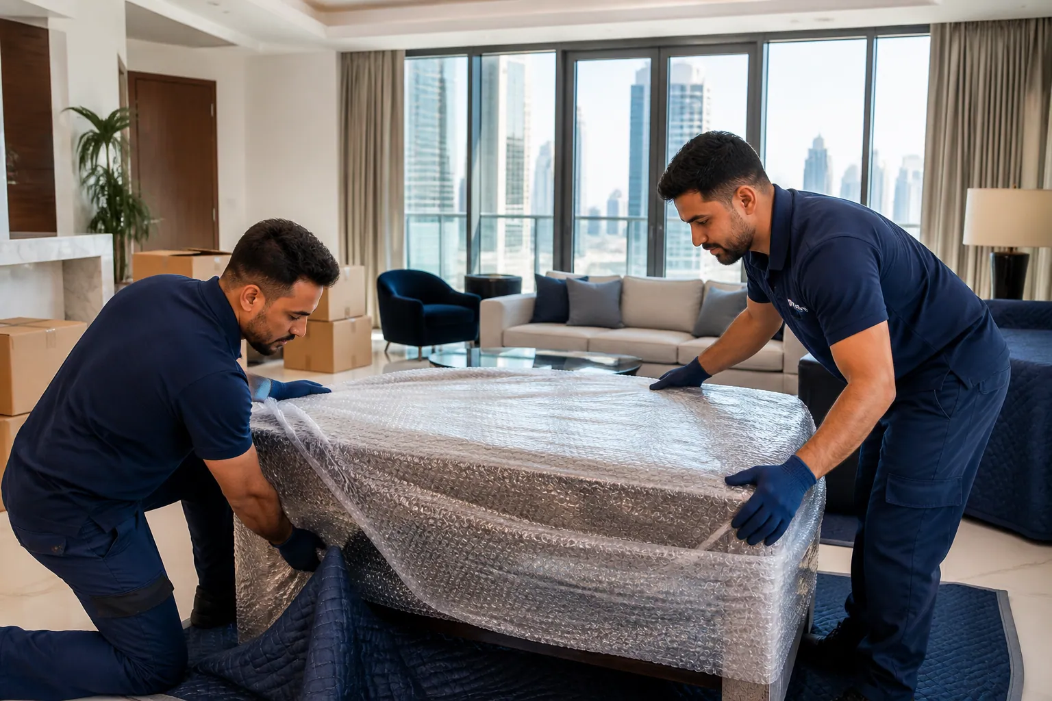 Ezy Movers packing and protecting furniture inside a Dubai home