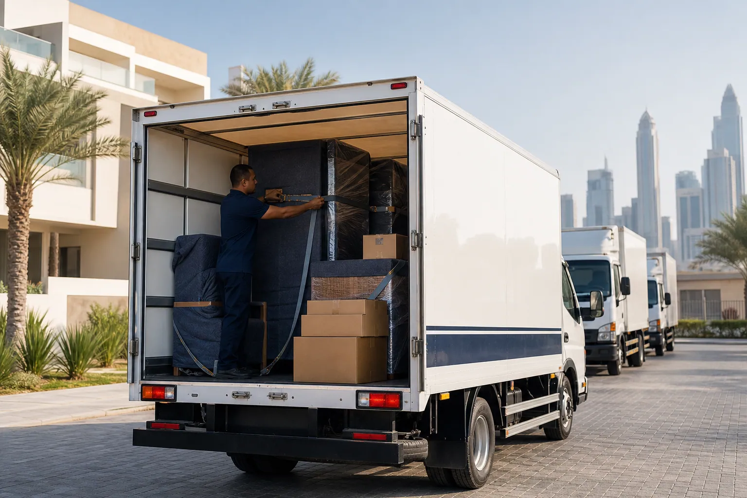 Ezy Movers GPS-tracked moving fleet trucks for home and commercial relocations across Dubai