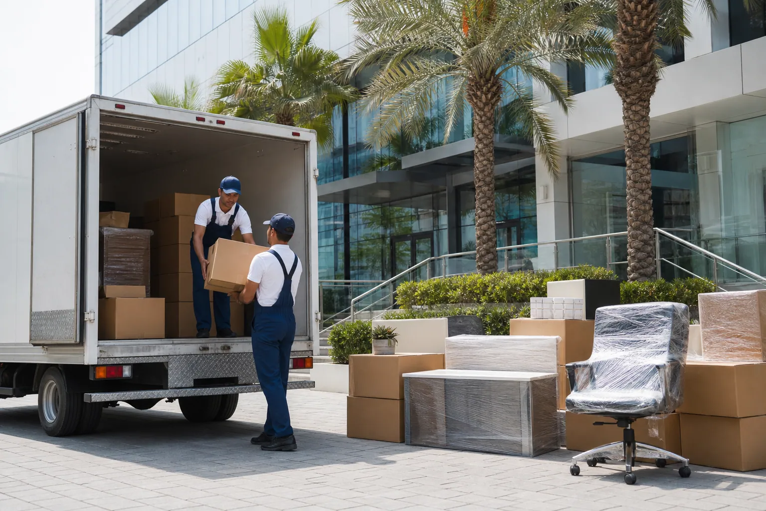 Ezy Movers loading office boxes for commercial relocation across Dubai and the UAE