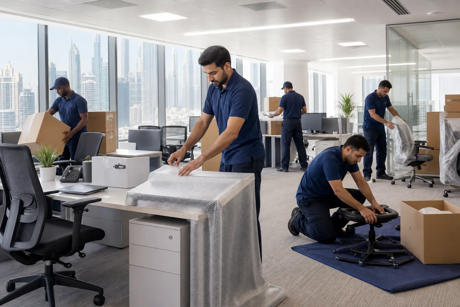 Ezy Movers packing and dismantling office desks and IT equipment in Dubai
