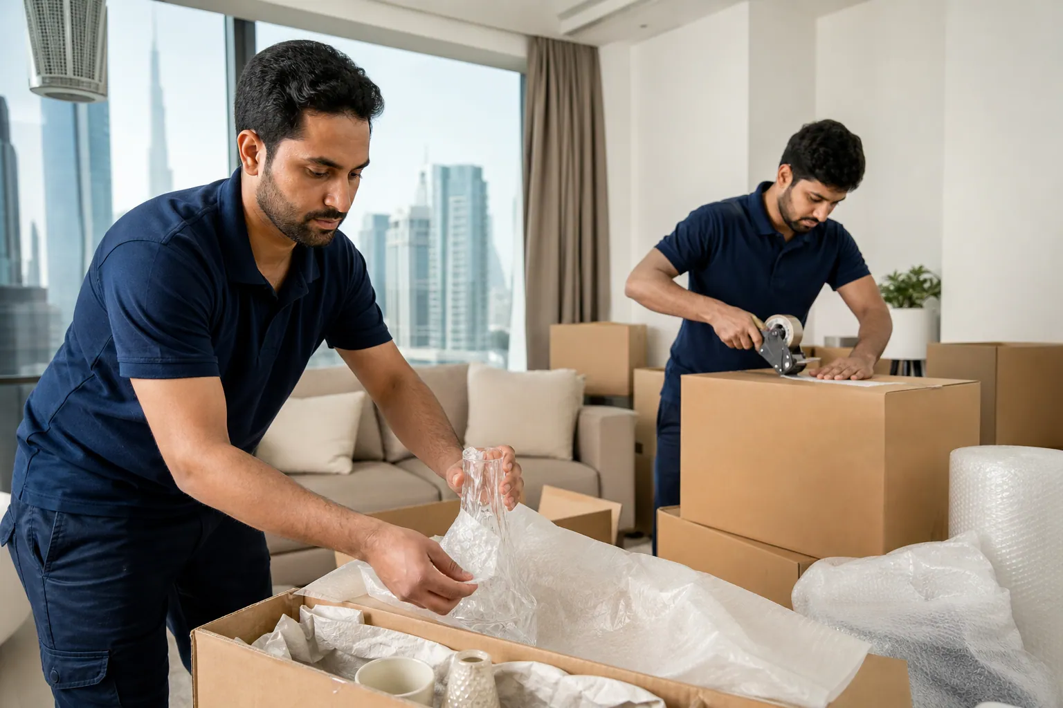 Professional Ezy Movers packing crew preparing items for a residential move in Dubai