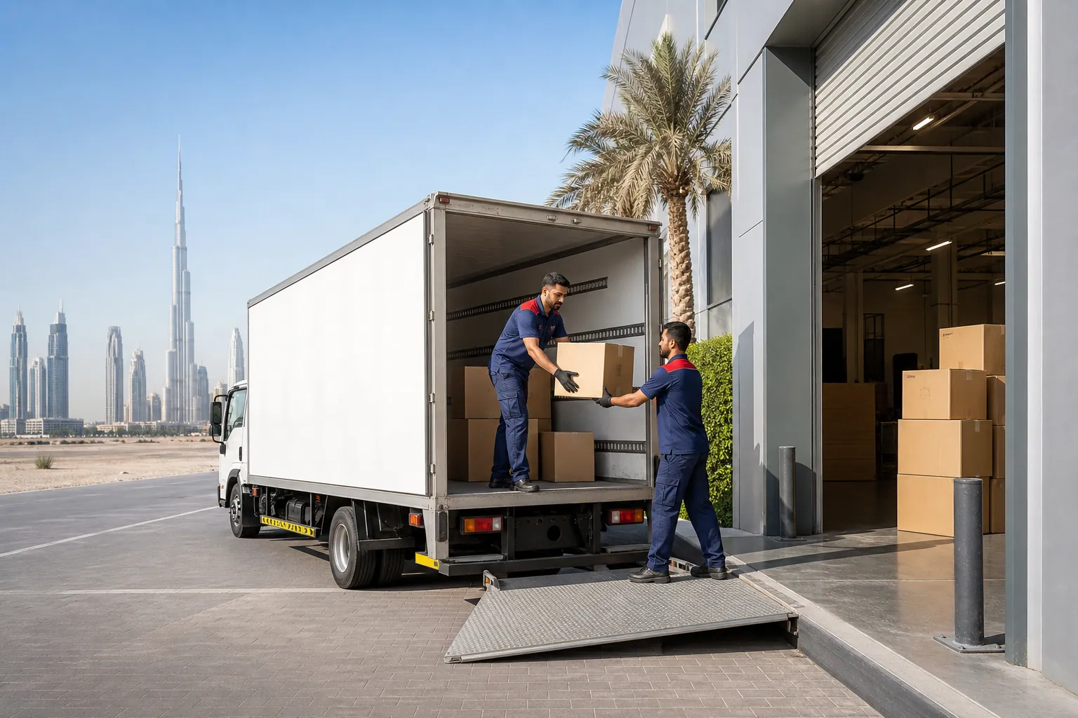 Ezy Movers truck unloading items into a secure Dubai storage warehouse
