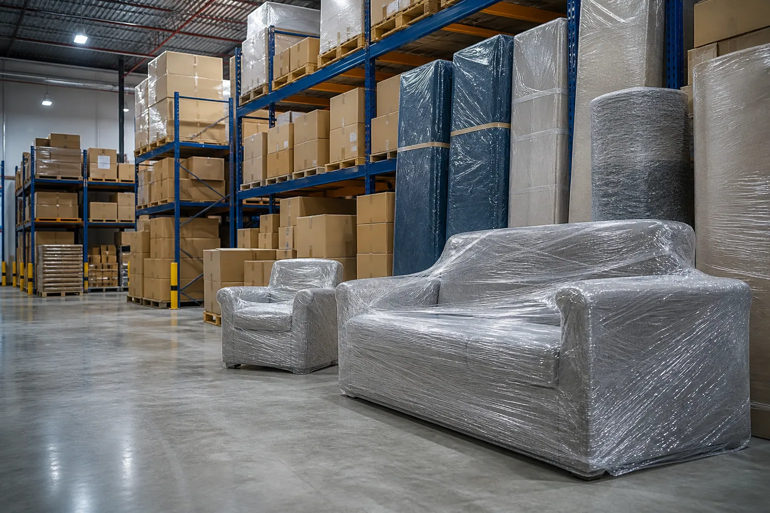 Secure Ezy Movers warehouse storage with wrapped furniture and labeled boxes in Dubai