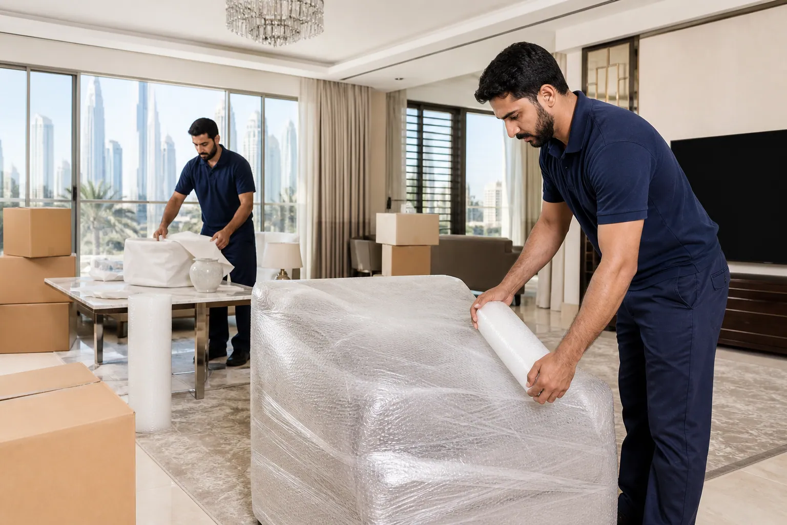 Ezy Movers packing crew wrapping furniture inside a Dubai villa